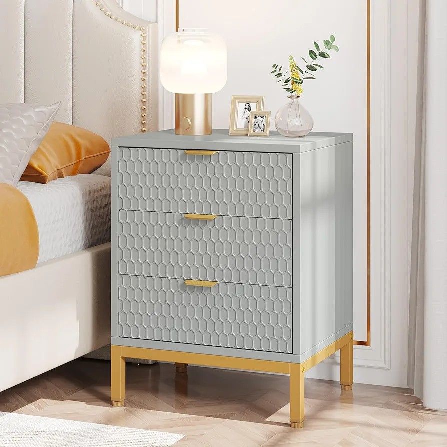 Modern Nightstand with Drawers, White Bedside Table for Bedroom, Sofa Side End Table with Storage Drawers, Grey New 1pcs

