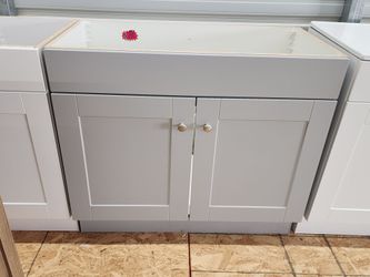 New Never Installed 36-in Bathroom Vanity Cabinet Light Gray or White. Sink not included.