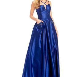 Blondie Nites By Stacy Sklar Spaghetti Strap X-Front Embellished Pocket Satin Blue Prom Dress 