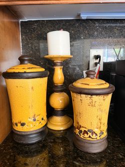 Yellow Crackle Ceramic Canister and Candleholder Set