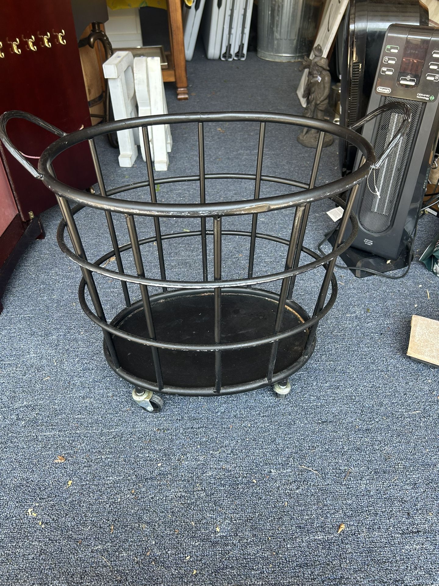 Nice Medium Size Black Metal Basket On Wheels With Handles