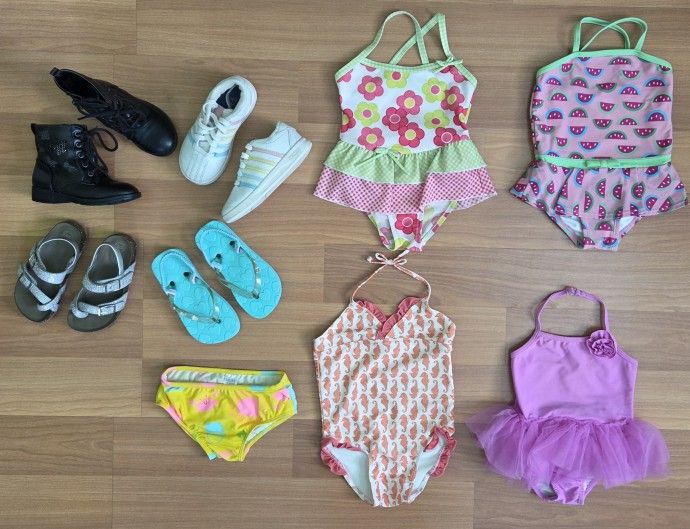 Bundle of Toddler Shoes & Swimwear, 4 Shoes, 4 Swimsuits, & 1 Bikini Bottom 