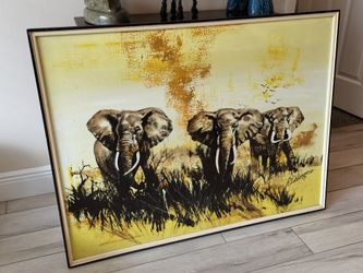 Vintage Mid Century Oil on Canvas Painting of Three African Elephants by the Artist R. DeLongprie. Not familiar, please check out his work.