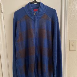 Men’s Blue Gingham Patterned IZOD Zip Up Cardigan Sweater Size XL. 