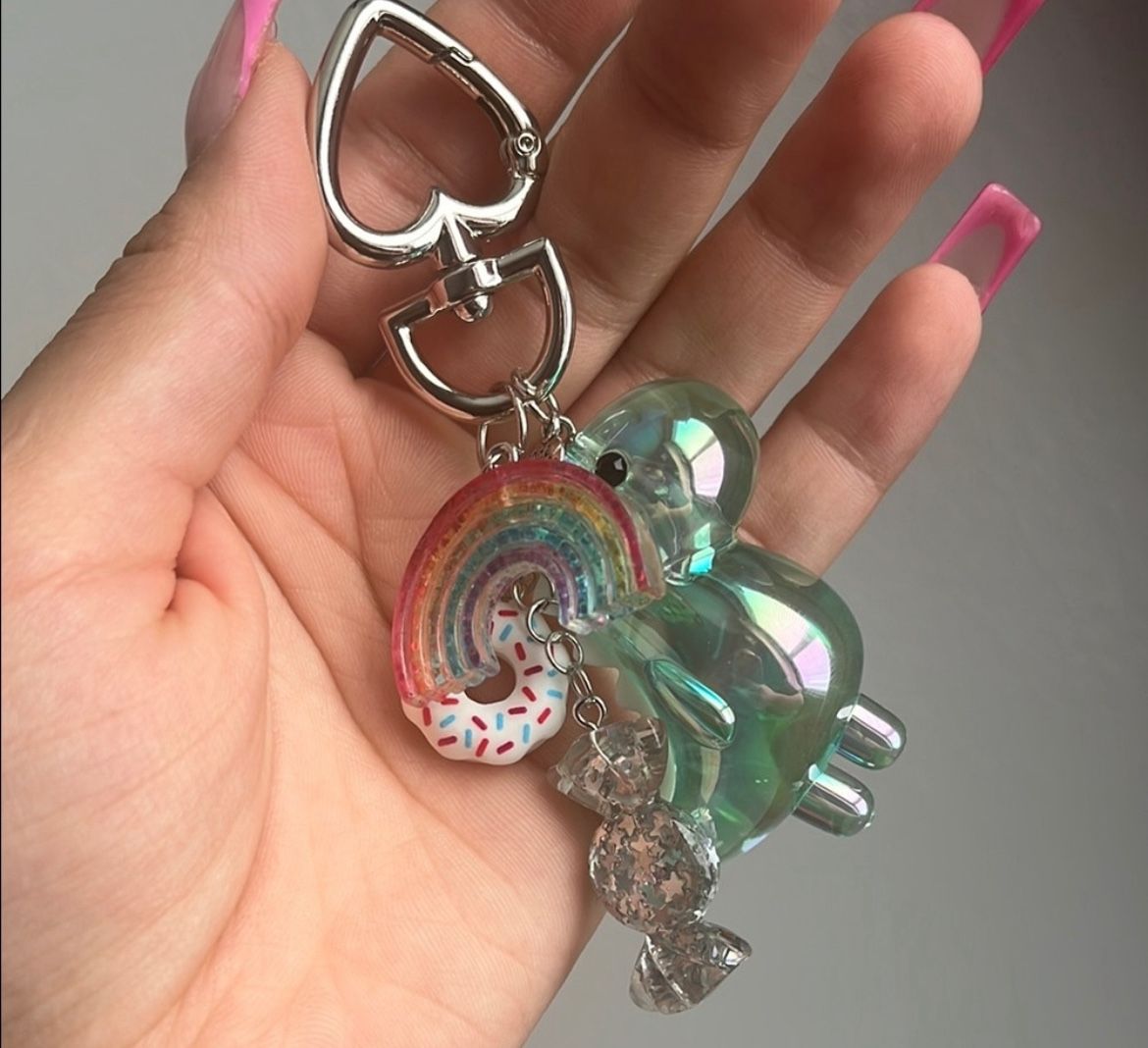 Iridescent green dinosaur and candy charms Keychain with Heart Clip