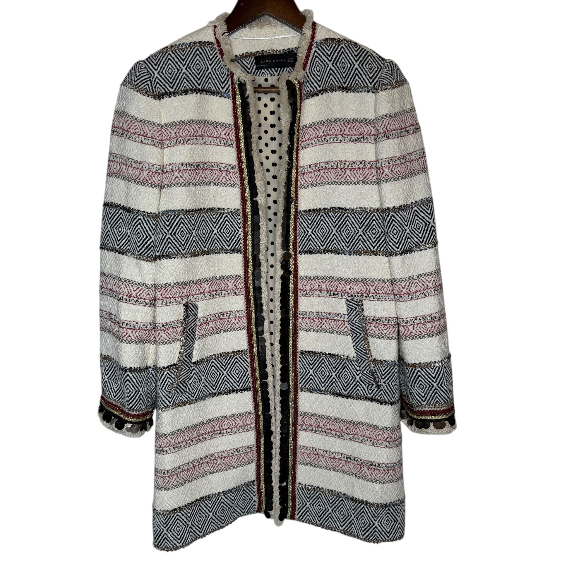 Zara Women’s Tweed Beaded Sequin Long Open Jacket XS