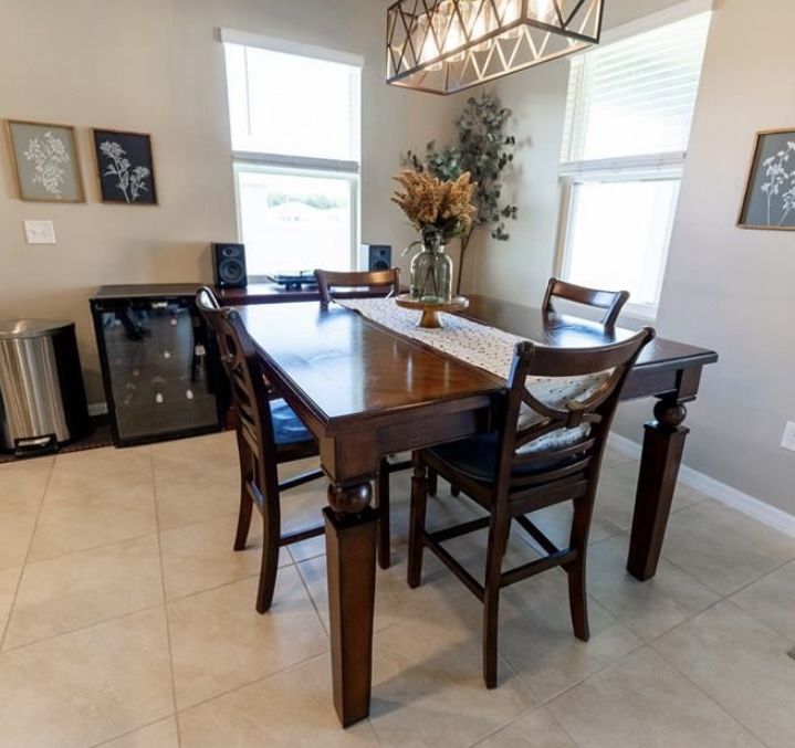Wood Table, Side Buffet, 8 Chairs