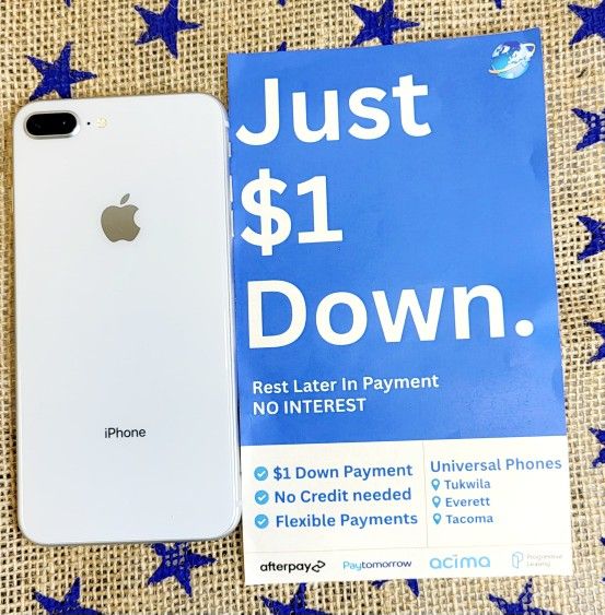 Apple IPhone 8 Plus 64gb Unlocked, FREE Smartwach/ Headphones. Pay $1 Today Rest in payments. NO CREDIT NEEDED FINANCING