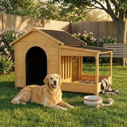 60.2" Large Outdoor Dog House with Insulated Liner for Winter Waterproof Dog Kennel for Medium & Large Dogs, Dog House with Porch and Asphalt Roof and