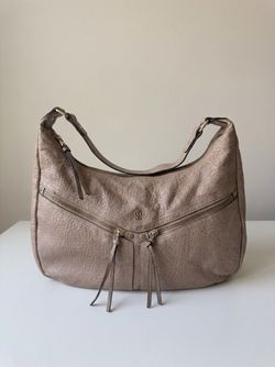 Taupe Hobo Shoulder Bag, Pebbled Faux Leather, Gold Hardware and Tassel Zipper Pulls