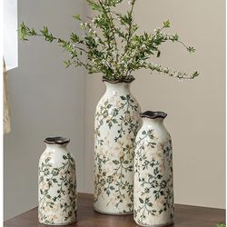 Ceramic Vase Set of 3, Vintage Green and Beige Vases Set, Flower Rustic Chinoiserie Vases Floral Grand Millennial Farmhouse Decor Vase for Home Decor,