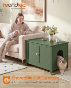Feandrea Cat Litter Box Enclosure, Double Doors, Handles Farmhouse Hidden Furniture, Indoor Pet House Washroom, Living Room Side End Table, Forest Gre