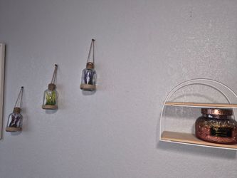 Home decor, shelfs and glass bottles