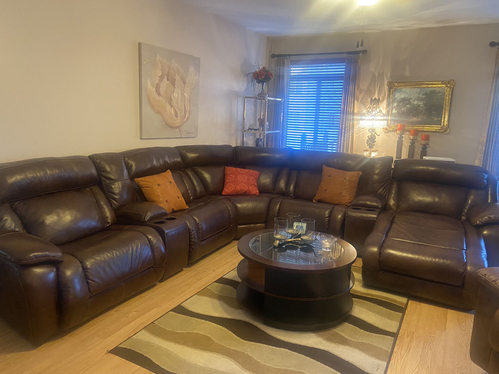 EVERYTHING MUST GO!!!! Brown Leather Sectional/round Coffee and End Tables