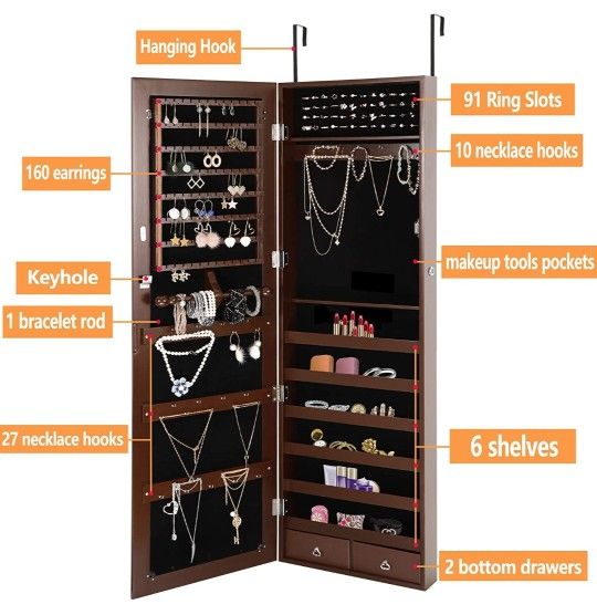 Wall/Door Mounted Jewelry Organizer with Mirror and...