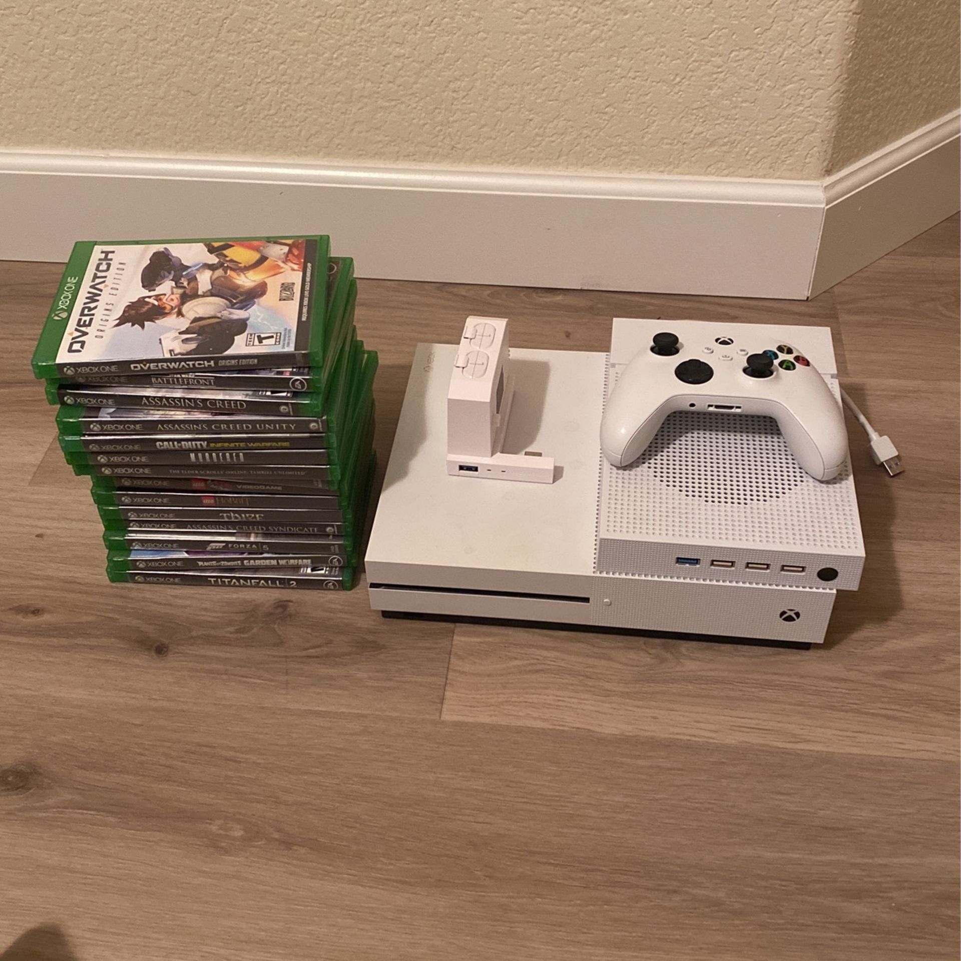 Xbox One S with New Gen Controller, Games, Rechargeable Batteries, And Fan