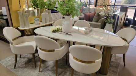 7 pc Contemporary White/ Matte Gold Dining Table Set!