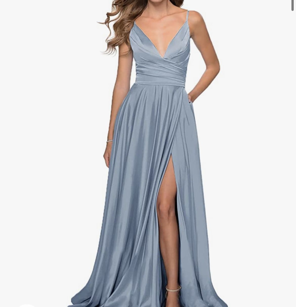Satin blue Dress With Corset Back And Pockets