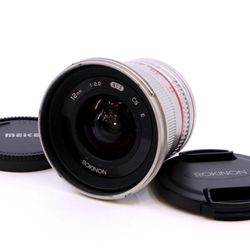 ROKINON 12MM F/2.0 NCS CS LENS FOR SONY E-MOUNT  SILVER Good Hood Front Back Cap