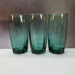 Set of (3) Beautiful Cristar Smoke Green AMADEUS Cooler Teal Glass Tumblers  16oz. Made in Columbia.