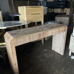 Rustic Wooden Minimalist Console Table with 2 Drawers, Ribbed/ Fluted, Natural Finish
