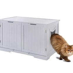Wooden Cat Litter Box Storage Bench Enclosure Furniture Box House w Doors & Cat Face Entry