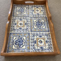 Decorative Wooden Serving Tray with Blue Tile Designs