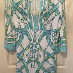 Barbara Gerwit Tunic Dress- Ladies size S- teal/ green belt/chain, keys print