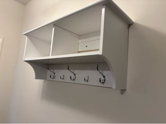 White Entryway Wall Shelf with Hooks