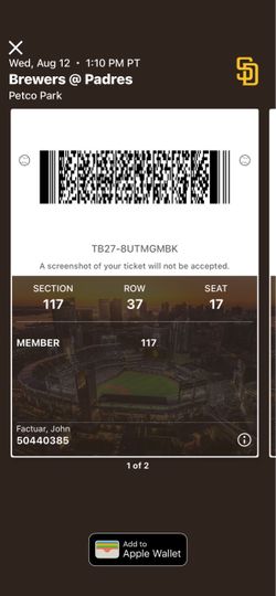 Padres tickets for 8/12 vs Brewers