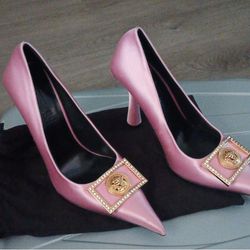 Versace Pink Satin Pumps With Crystal Embellishments 