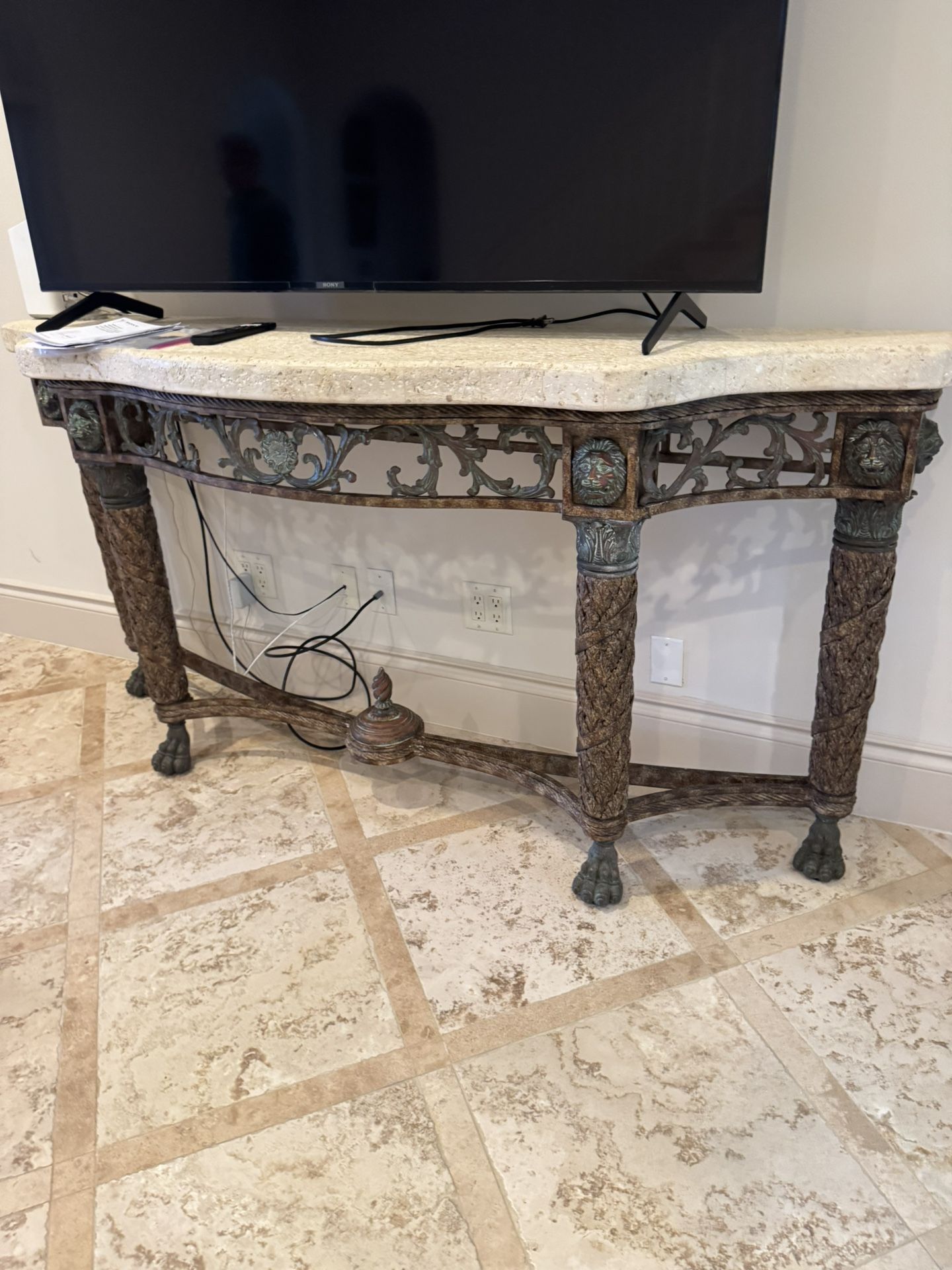Vintage Maitland Smith Bronze And Metal Console Table With Stone-Top - 78” x 20” x 38” - Excellent Condition- Retail: $4400