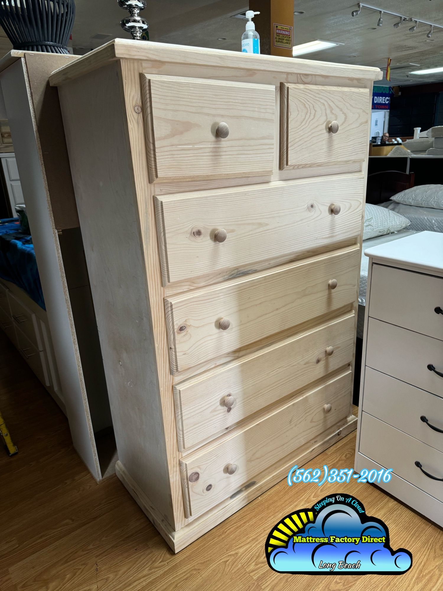 Unfinished Natural Pine Wood 6 Drawer Dresser 