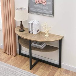 Console Table with Storage Shelf, 2-Tier Semi-elliptic Solid Wood Console Table with Metal Frame, E-17