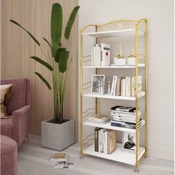 5 Tiers Bookshelf for Bedroom, Vintage Arched 5 Shelf Metal Bookcases, White and Gold Storage Shelf, Vertical Book Rack, Books Holder Organizer in Cla