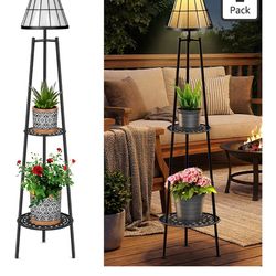 2-Tier Solar Plant Stand with Light, Modern Outdoor Floor Lamp with Classic Grid Lantern, Waterproof Tall Metal Planter Display Rack for Patio, Porch,