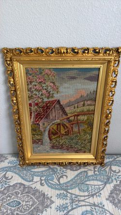 Framed Needlepoint Water Mill Scene