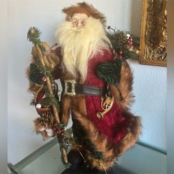 Vintage Santa with red velvet and fur coat and green velvet pants 18 inches tall