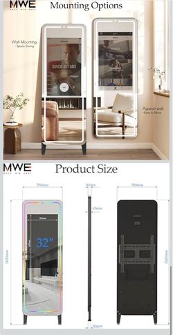 Smart Gym Mirror for Home Workout | 32" HD Touch-Screen Andriod OS | 63" Reflective Surface | No VIP Fees Support Various APPs, Music Sync LED Light S