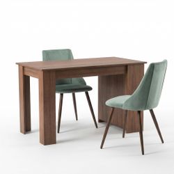 Homy Casa ELROY 3PC Dining Set Brown Table 43.3" with 2PC Smeg Velvet Cactus Green Dining Chairs