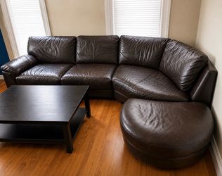 Dark Brown Leather Sectional Sofa with Ottoman