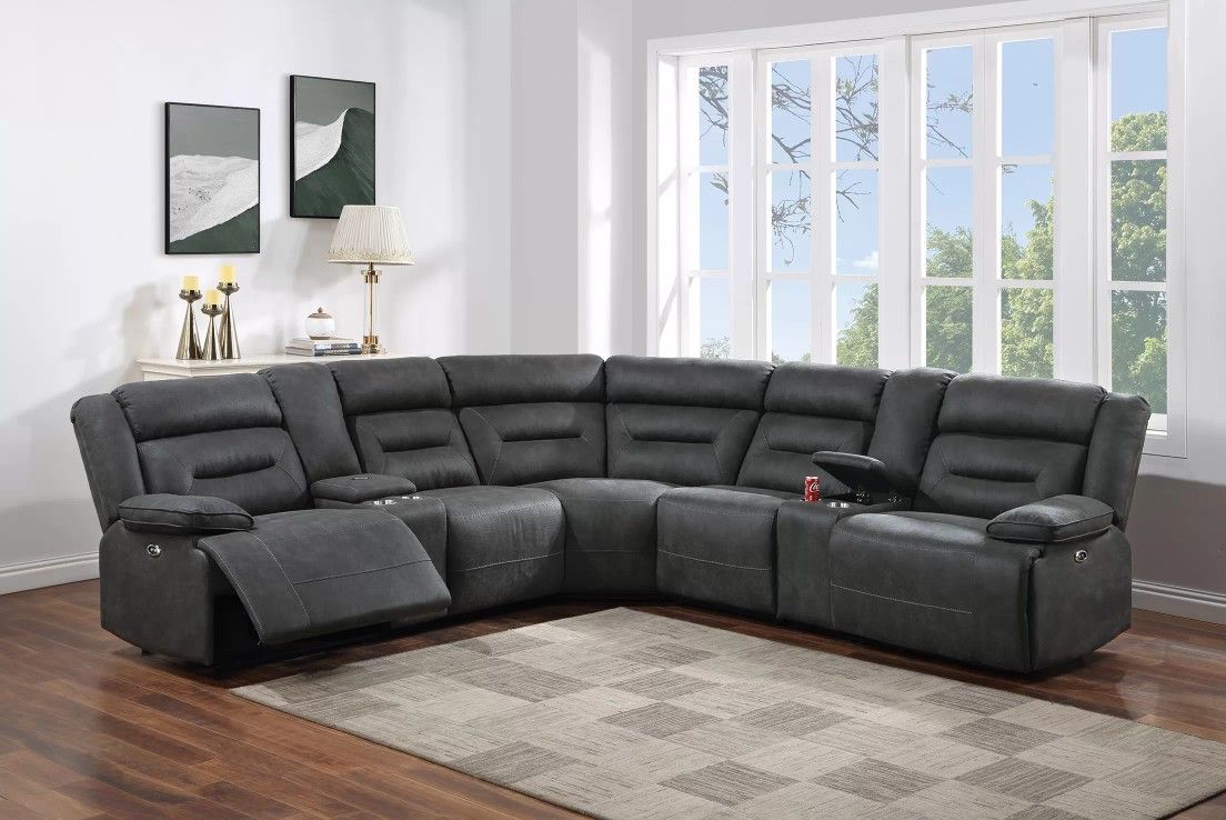 Brand New Grey Leather Power Reclining Sectional Sofa