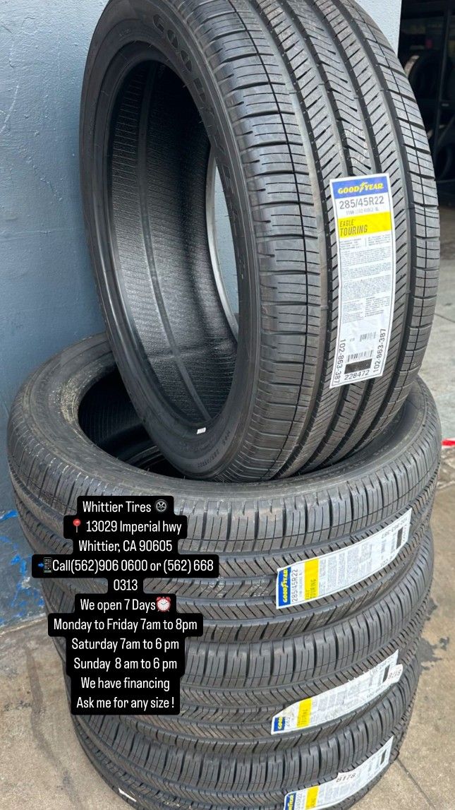 SET OF NEW TIRES, 285/45R22 GOODYEAR EAGLE TOURING, INCLUDING MOUNTING AND BALANCING. ASK ME FOR ANY SIZE OR BRAND, LLANTAS NUEVAS