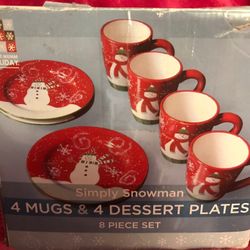 Debbie Mumm Simply Snowman Christmas 8 Piece Set 4 Mugs & 4 Dessert Plates NEW in Box!