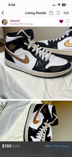 Jordan 1 Mid Patent Black White Gold