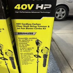 RYOBI 40V HP Brushless 600 CFM 155 MPH Cordless Leaf Blower and Carbon Fiber String Trimmer with 4.0 Ah Battery and Charger