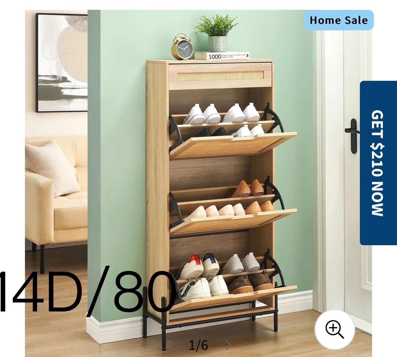 Natural Rattan 3 Flip Door with 1 Drawer Shoe Cabinet Organizer Freestanding, Shoe Rack Storage Cabinet for Entryway with 3-Tier Adjustable Shelves -