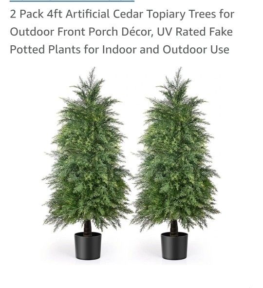 2 Pack 4ft Artificial Cedar Topiary Trees for Outdoor Front Porch Décor, UV Rated Fake Potted Plants for Indoor and Outdoor Use