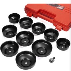 XtremepowerUS 10-Pieces Universal Oil Change Filter Cap Wrench Cup Socket 3/8" inch Square Drive Oil Canister Socket with Case, Red/Black