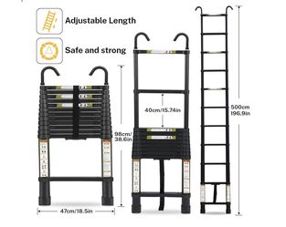 RIKADE Telescopic Ladder, 16.5FT Aluminum Telescoping Ladder with Stable Hook, Portable Extension Ladder, Black